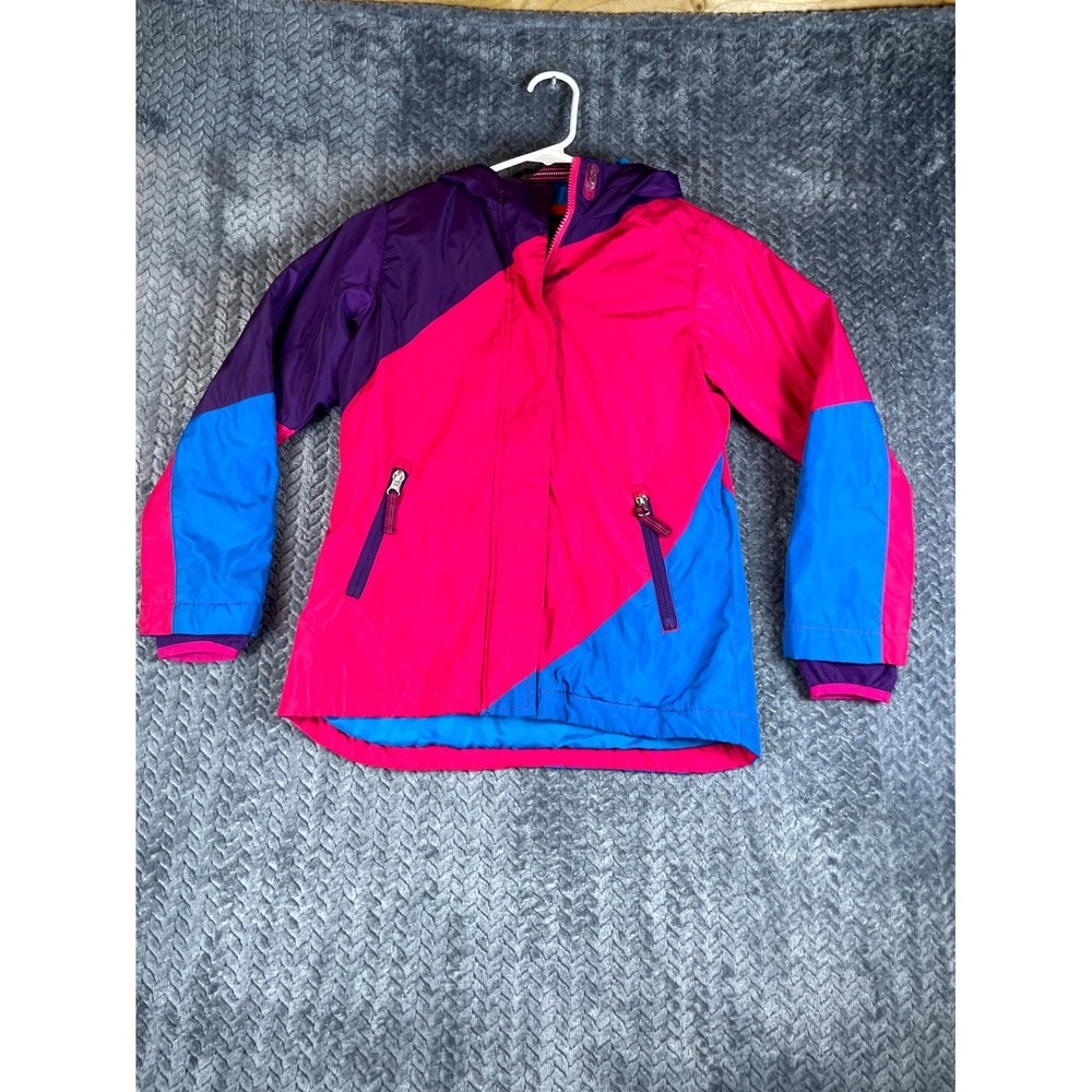 Land's End Winter Ski Jacket Kids Small 7-8 Pink Purple Colorblock Hooded Zip-Up